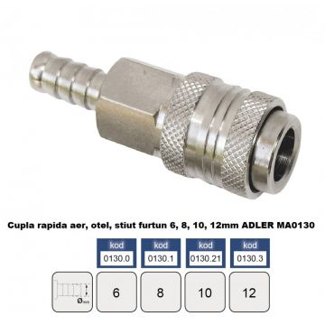Cupla rapida aer, otel, stiut furtun 6 mm ADLER MA0130.0 Cupla rapida aer, otel, stiut furtun 6 mm ADLER MA0130.0