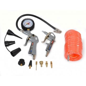 Set 10 accesorii HECHT 002026 pentru compresor, pistol simplu de umflat, pistol cu manometru, furtun spiralat 5 m + adaptoare